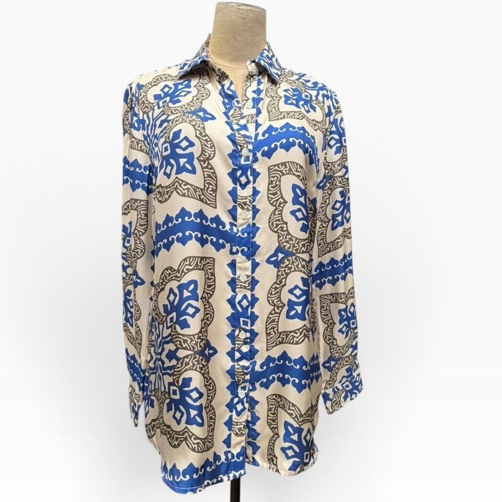 J.McLaughlin Lois Pinwheel Patch Navy Tan Geometric Button Down Shirt Womens S